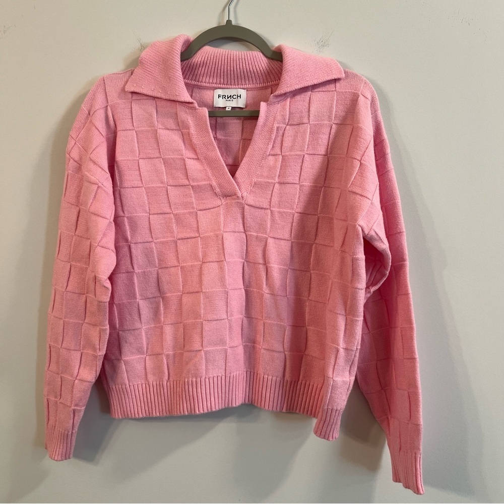 FRNCH Pink V-Neck Collared Checker Sweater